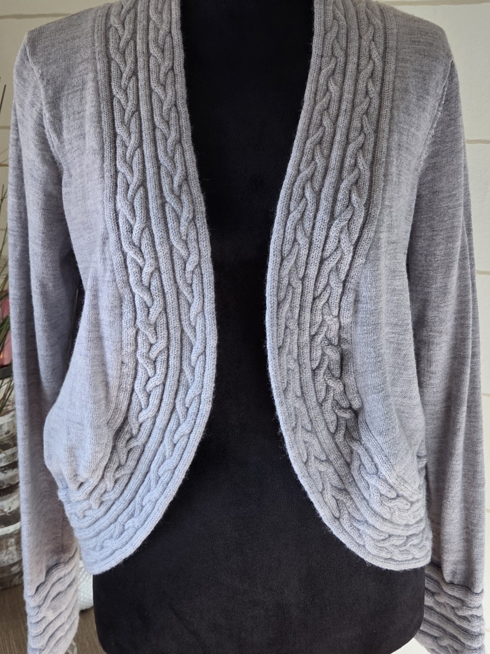Carole Little Grey Shrug Sweater 100 Italian Merino Wool Cable Knit Cardigan X L